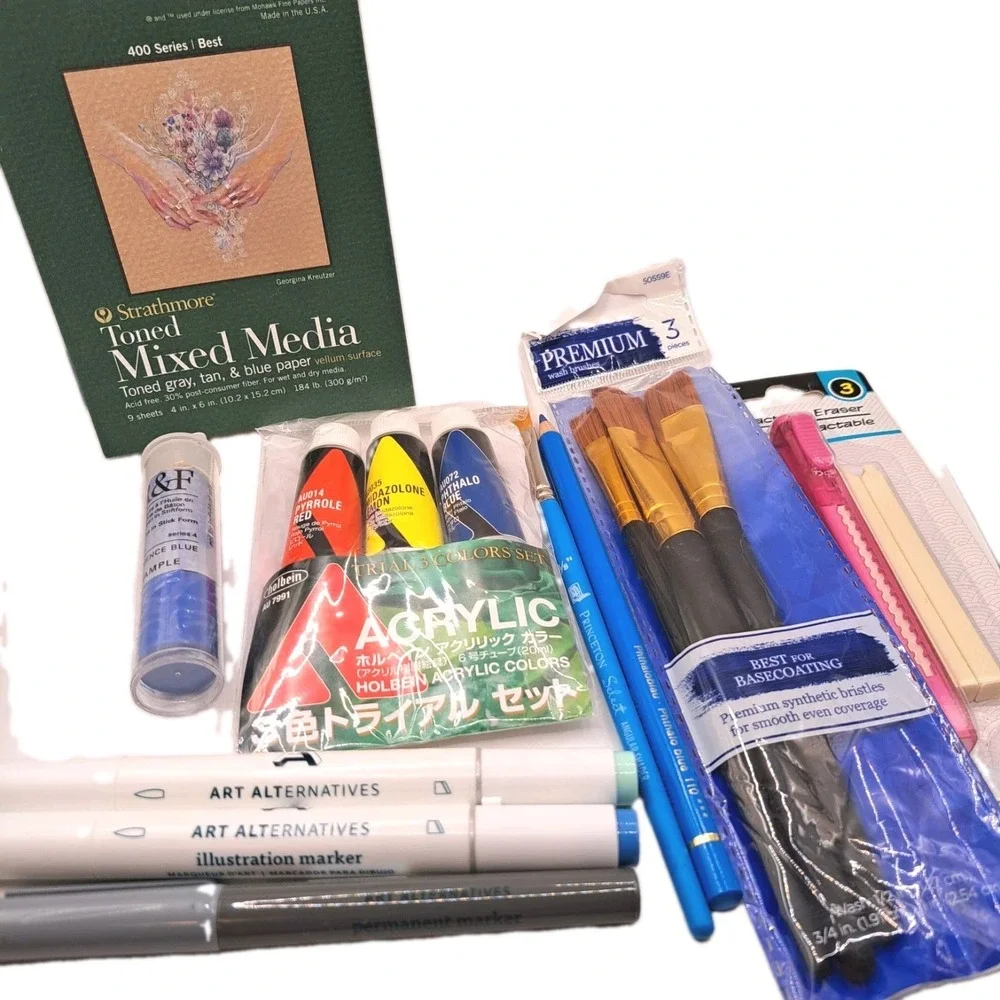 Art Supply Lot - Brushes, Watercolor Markers, Acrylic Paint Samples, Pencil *NEW